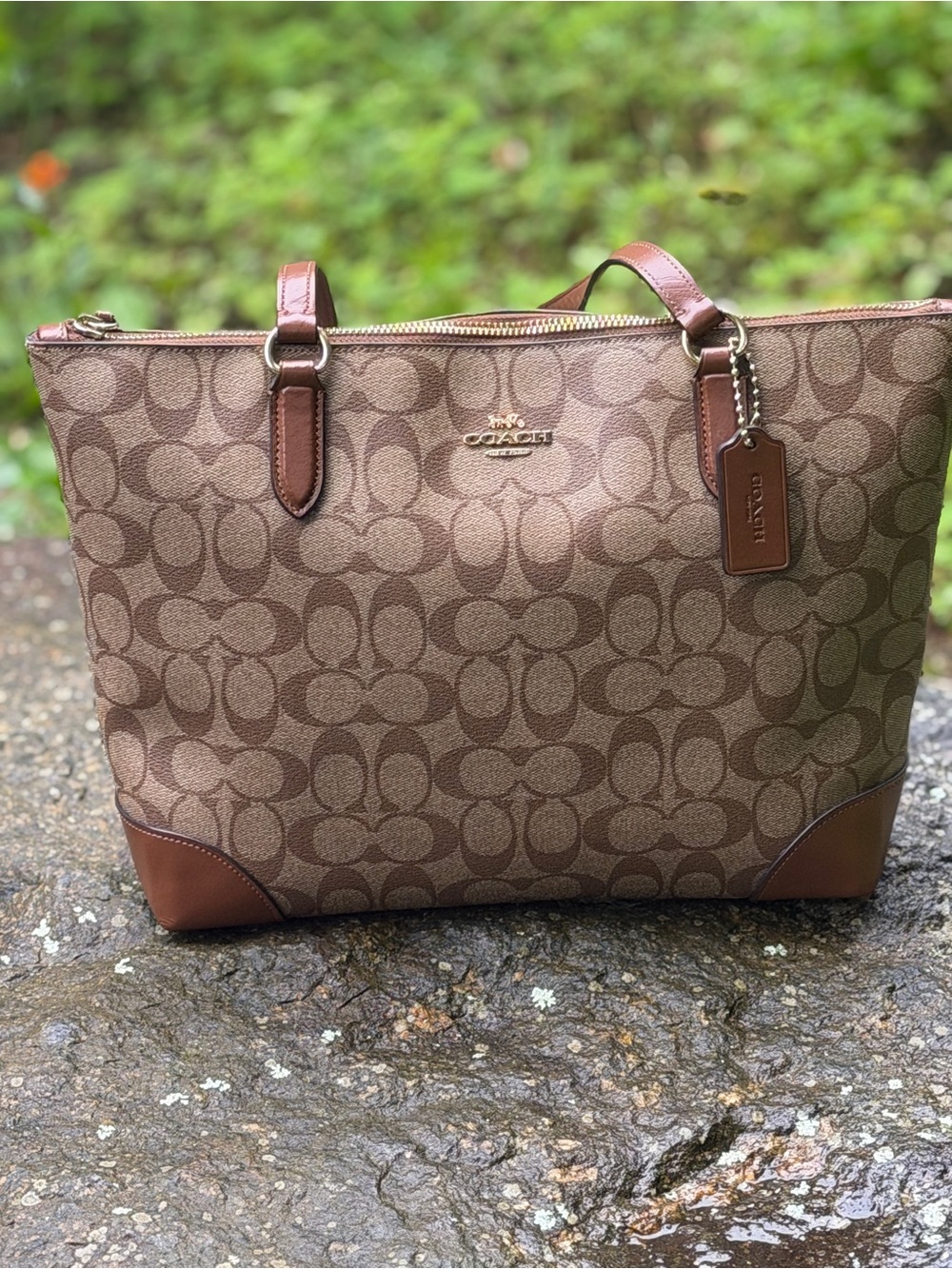 Coach F57842 Signature City Zip Tote Brown Canvas Leather Shoulder Bag